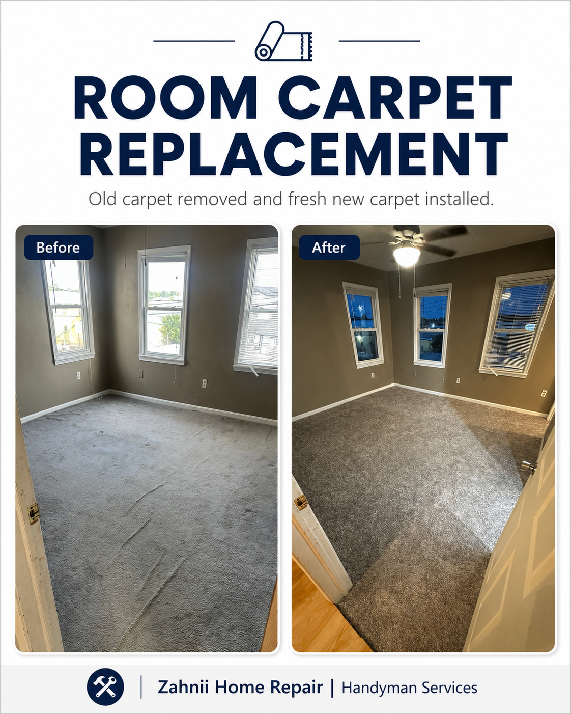 Room carpet replacement project by Zahnii Home Repair